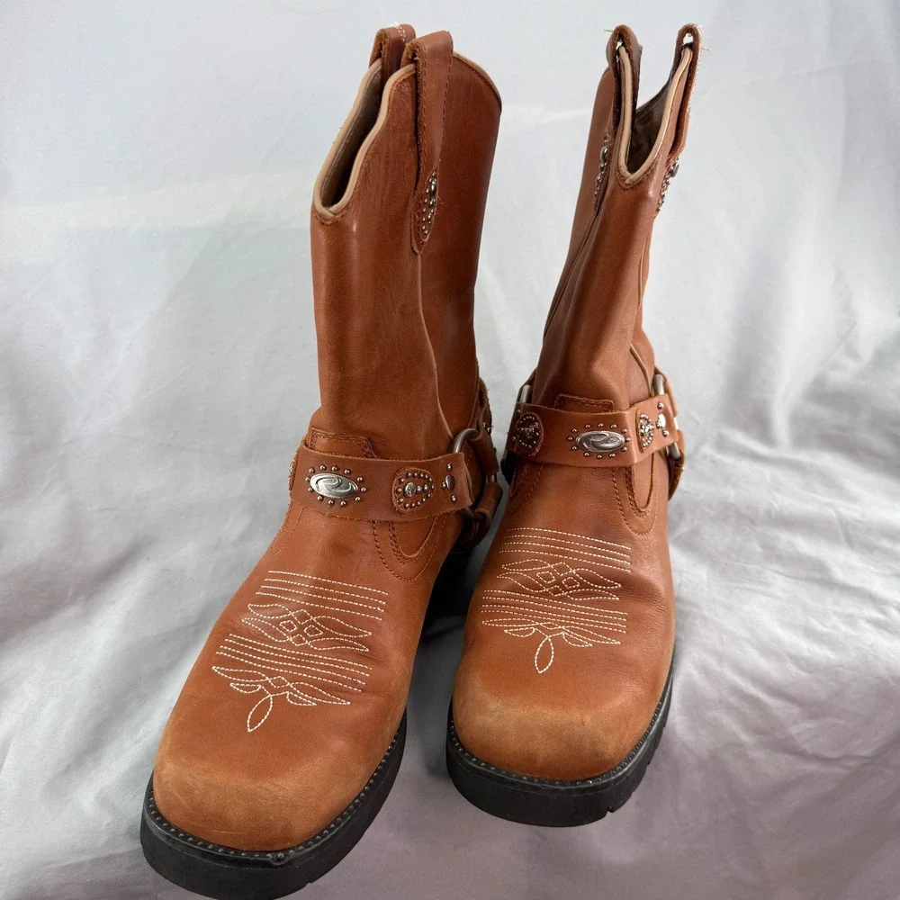 Roper 9.5 Brown Leather Western Harness Chunk Boots Studded Lug Sole Womens
